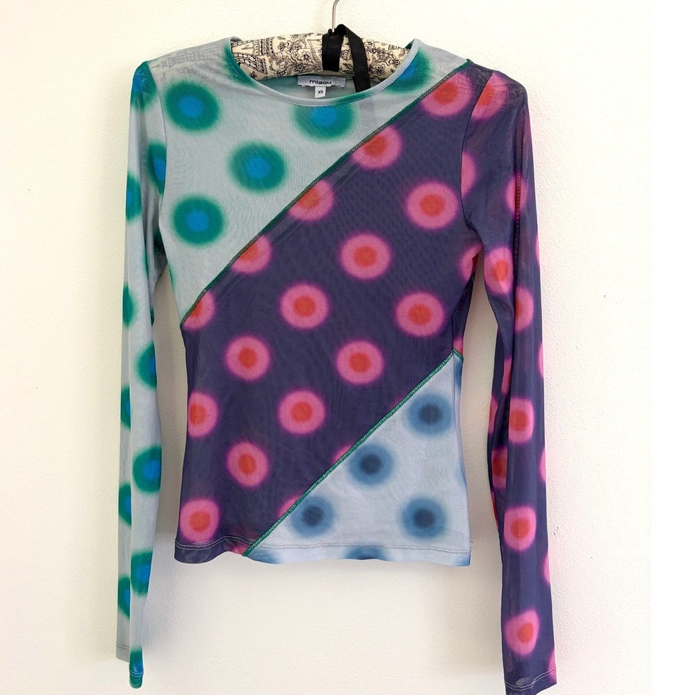 Miaou Multicolor Mesh Top Cyber Y2K Dot Print XS Sheer Long Sleeve Tee Designer‎